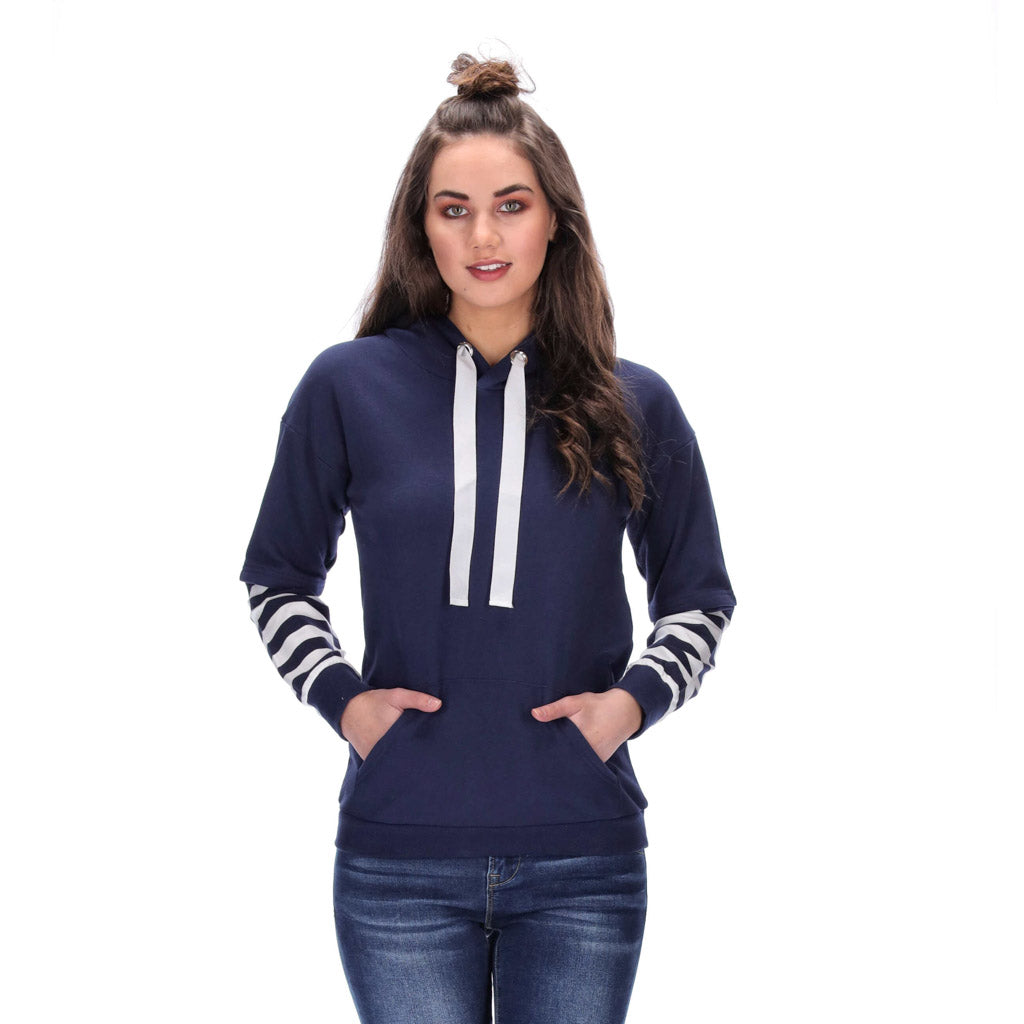 womens navy hoodie with striped sleeves